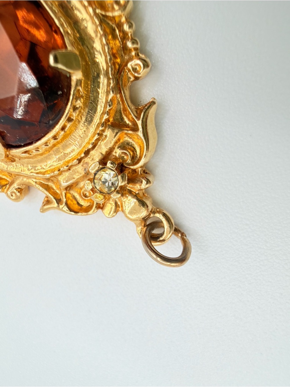 Vintage Victorian Revival Amber Glass Rhinestone Gold Tone Pendant - Picture 6 of 9